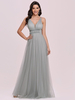 Robe de bal gris clair A-ligne col en V en tulle sans manches ceinture longue robes dinvité de mariage