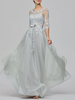 Robe de bal gris clair col bijou robe de bal demi-manches à lacets appliques longues robes de soirée