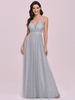 Robe de bal gris clair col en V A-ligne sans manches ceinture dentelle tulle robes de soirée au sol