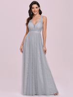 Robe de bal gris clair col en V A-ligne sans manches ceinture dentelle tulle robes de soirée au sol