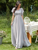 Robe de bal gris clair une ligne col en V en dentelle à manches courtes en mousseline de soie