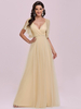 Robe de bal jaune A-ligne col en V tulle manches courtes dos nu ceinture robes de soirée longue robe de soirée