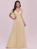 Robe de bal jaune A-ligne col en V tulle manches courtes dos nu ceinture robes de soirée longue robe de soirée