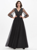 Robe de Bal Longue en Mousselines Cousu Paillettes à Col V avec Manches Longues Amples Transparentes Coupe Cintrée Bas Evasée Unicolore Robe de Soirée