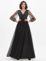 Robe de Bal Longue en Mousselines Cousu Paillettes à Col V avec Manches Longues Amples Transparentes Coupe Cintrée Bas Evasée Unicolore Robe de Soirée