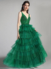 Robe de Bal Longue en Paillette avec Bretelles à Col Décolleté en V avec Dos Nu Coupe Cintrée Bas Volant Gâteau Unicolore Robe de Soirée