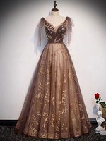 Robe de bal marron café Robe de bal à col en V sans manches à lacets Robes de soirée en tulle à paillettes et perles