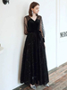 Robe de bal noire col en v une ligne manches longues polka dot tulle paillettes robes de soirée