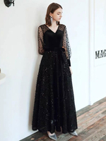 Robe de bal noire col en v une ligne manches longues polka dot tulle paillettes robes de soirée