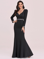 Robe de bal noire en tissu satiné col en V sirène manches longues ceinture longueur au sol robes de soirée