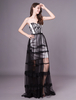 Robe de bal noire longue au sol en satin dentelle et tulle sans bretelles Robe formelle Milanoo
