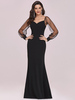 Robe de bal noire sirène col en V en tissu satiné manches longues dos nu tulle robes de soirée en tissu satiné