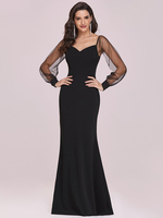 Robe de bal noire sirène col en V en tissu satiné manches longues dos nu tulle robes de soirée en tissu satiné