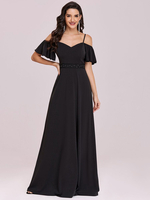 Robe de bal noire une ligne col en V polyester sans manches volants fermeture éclair dos nu maxi robes de reconstitution historique