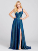Robe de bal polyester bleu col en V A-ligne sans manches dos nu Split devant robes de soirée
