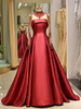 Robe de bal robe cérémonie femme rouge col haut manche longue transparent décoré des perles à traîne