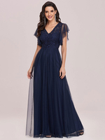 Robe de bal robe de cocktail mariage col V manche courte au sol