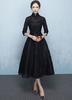 Robe de bal robe de mère noire en dentelle Mandarin Collar manches mi-longues Sash Une ligne de thé longueur des robes de mariée invités