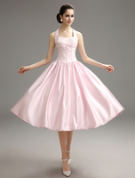 Robe de bal rose à licou avec dentelle longueur mollet Milanoo