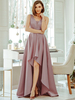 Robe de bal rose A-ligne avec train col en V sans manches en tissu satiné Maxi Sash Robes de soirée
