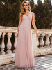 Robe de bal rose A-ligne col en V en dentelle sans manches perles robes de soirée au sol