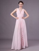 Robe de bal rose A-ligne de robe de soiree en mousseline de soie au col en V Milanoo