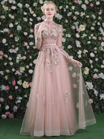 Robe de bal rose col haut en tulle doux dentelle A-ligne manches longues à lacets robes de soirée perlées