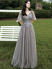 Robe de bal rose foncé A-ligne col en V Tulle manches courtes dos nu à lacets appliques longues robes de soirée