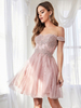 Robe de bal rose sur lépaule A-ligne sans manches dos nu appliques robes de soirée courtes