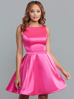 Robe de bal rose vif 2022 col bijou court découpé en tissu satin tenues de fête de remise des diplômes