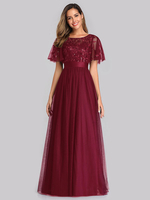 Robe de bal rouge col bijou manches courtes une ligne tulle dentelle robes de soirée maxi