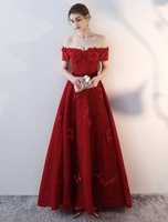 Robe de bal rouge dentelle robe de cérémonie A-ligne col bateau avec perles