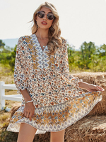 Robe de Bohème Courte Imprimé Fleurie à Col V avec Manches Longues Amples Coupe Cintrée Bas Evasée Bicolores Robe Eté Robe de Plage