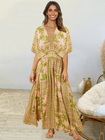 Robe de Bohème Femme Longue Imprimé avec Manches Courtes à Col V Coupe Cintrée Bas Evasée