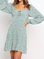 Robe de Bohème Imprimé Fleurie Courte à Col V avec Manches Longue Amples Coupe Cintrée Bas Evasée Bicolores Robe de Patineuse Femme