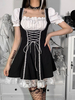 Robe de chambre femme col carré manches courtes robe gothique en polyester plissée noire