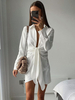 Robe de Chemise Courte en Mousseline à Col Revers avec Manches Longues Coupe Cintrée à Lacets en Plis Robe Sexy