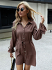 Robe de Chemisier Courte Femme à col Revers avec Manches Longues Coupe Cintrée à Lacets avec Boutons Unicolore