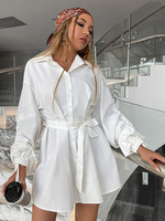 Robe de Chemisier Courte Femme à Col Revers avec Manches Longues Coupe Cintrée à Lacets Bas Evasée Unicolore Robe Femme