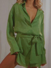Robe de Chemisier Courte Femme à Col Revers avec Manches Longues Coupe Cintrée à Lacets Unicolore Robe Femme