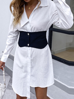 Robe de Chemisier Courte Femme à Col Revers avec Manches Longues Coupe Cintrée avec Boutons Bicolores Robe Femme