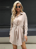 Robe de Chemisier Courte Femme à Col Revers avec Manches Longues Coupe Cintrée Unicolore