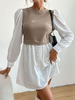 Robe de Chemisier Courte Femme à Col Rond avec Manches Longues Amples Coupe Cintrée Bicolores