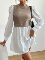 Robe de Chemisier Courte Femme à Col Rond avec Manches Longues Amples Coupe Cintrée Bicolores