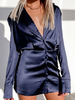 Robe de Chemisier Courte Femme à Col V avec Manches Longues avec Boutons Unicolore Robe Sexy
