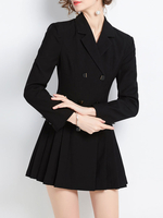 Robe de Chemisier Courte Femme à Col V avec Manches Longues Coupe Cintrée Bas Evasée Unicolore
