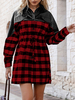 Robe de Chemisier Courte Imprimé Carreaux à Col Revers avec Manches Longues avec Boutons Coupe Cintrée Elastique Bicolores Tunique Femme