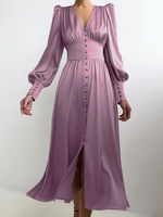Robe de Chemisier en Mousseline Longue Femme à Col V avec Manches Longues Amples Coupe Cintrée Bas Evasée Unicolore Robe Longue