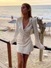 Robe de Chemisier Femme Courte avec Manches Longues à Col Revers Coupe Cintrée à Lacets Unicolore Robe Sexy