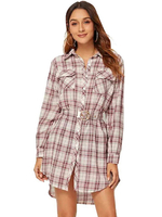 Robe de Chemisier Imprimé Carreaux Courte Femme à Col Revers avec Manches Longues Coupe Cintrée avec Boutons Bicolores